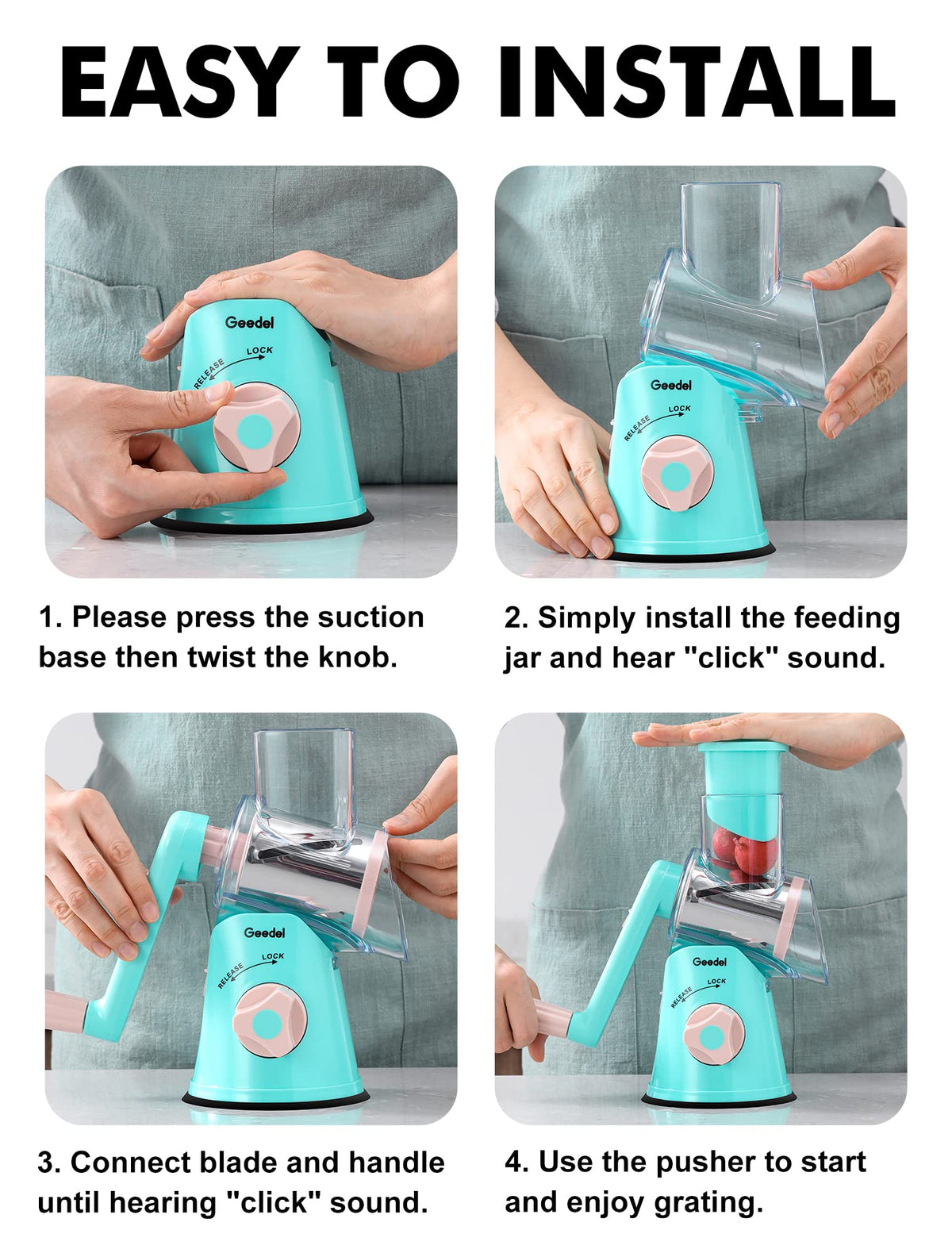 Geedel safe food pusher shields fingers and improves control during grating.