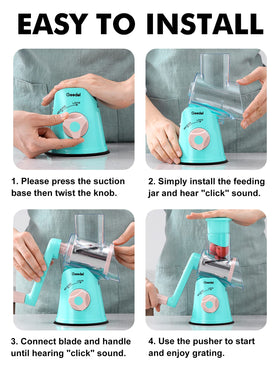 Geedel safe food pusher shields fingers and improves control during grating.