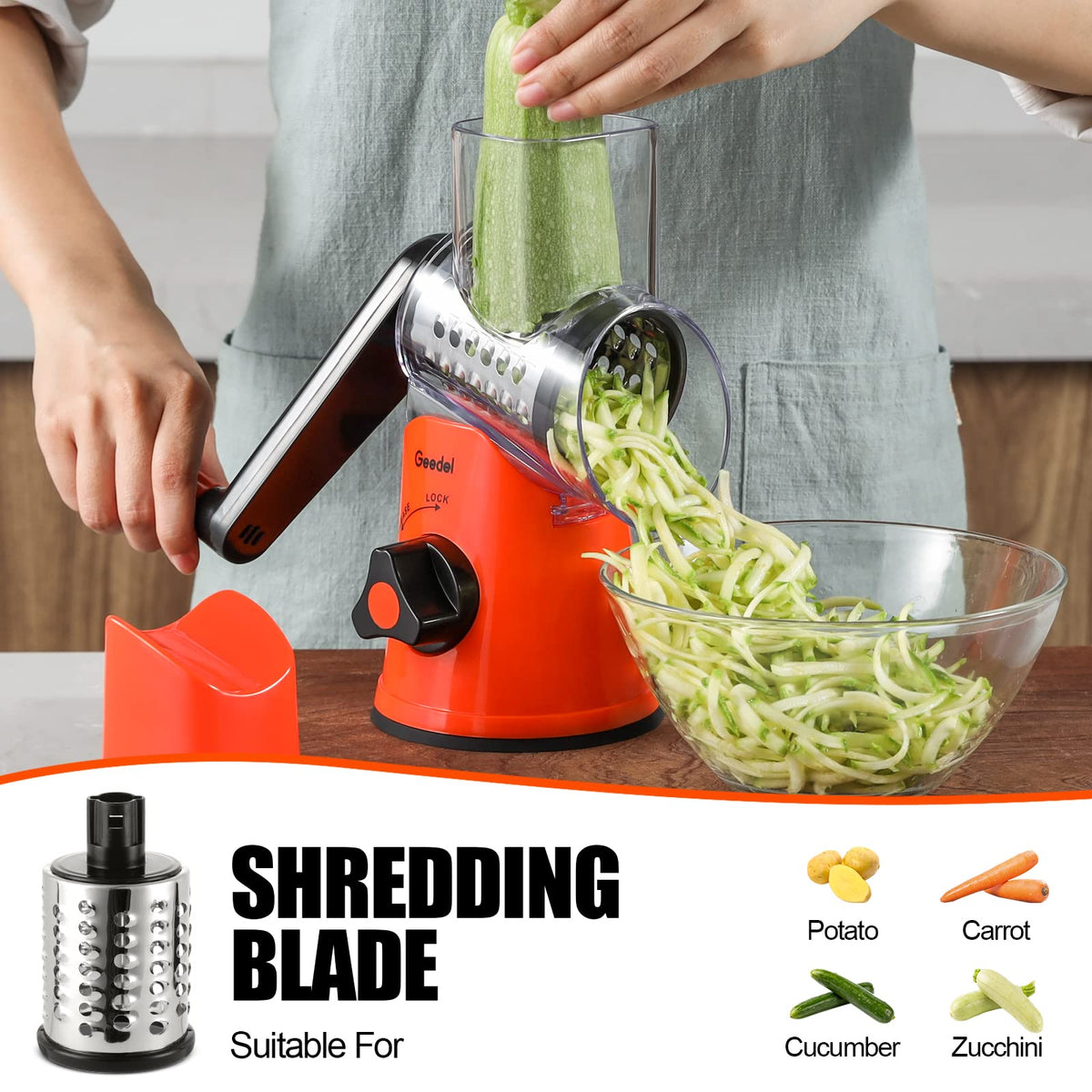 Geedel safe-handle with food pusher demonstrating hands protection.