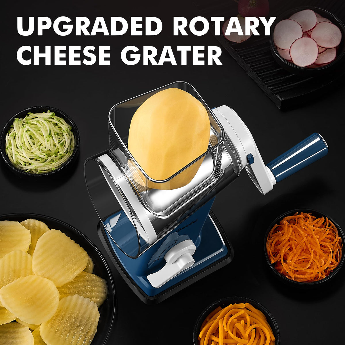 Geedel includes shredding and powder blades for Parmesan and cheese powder.