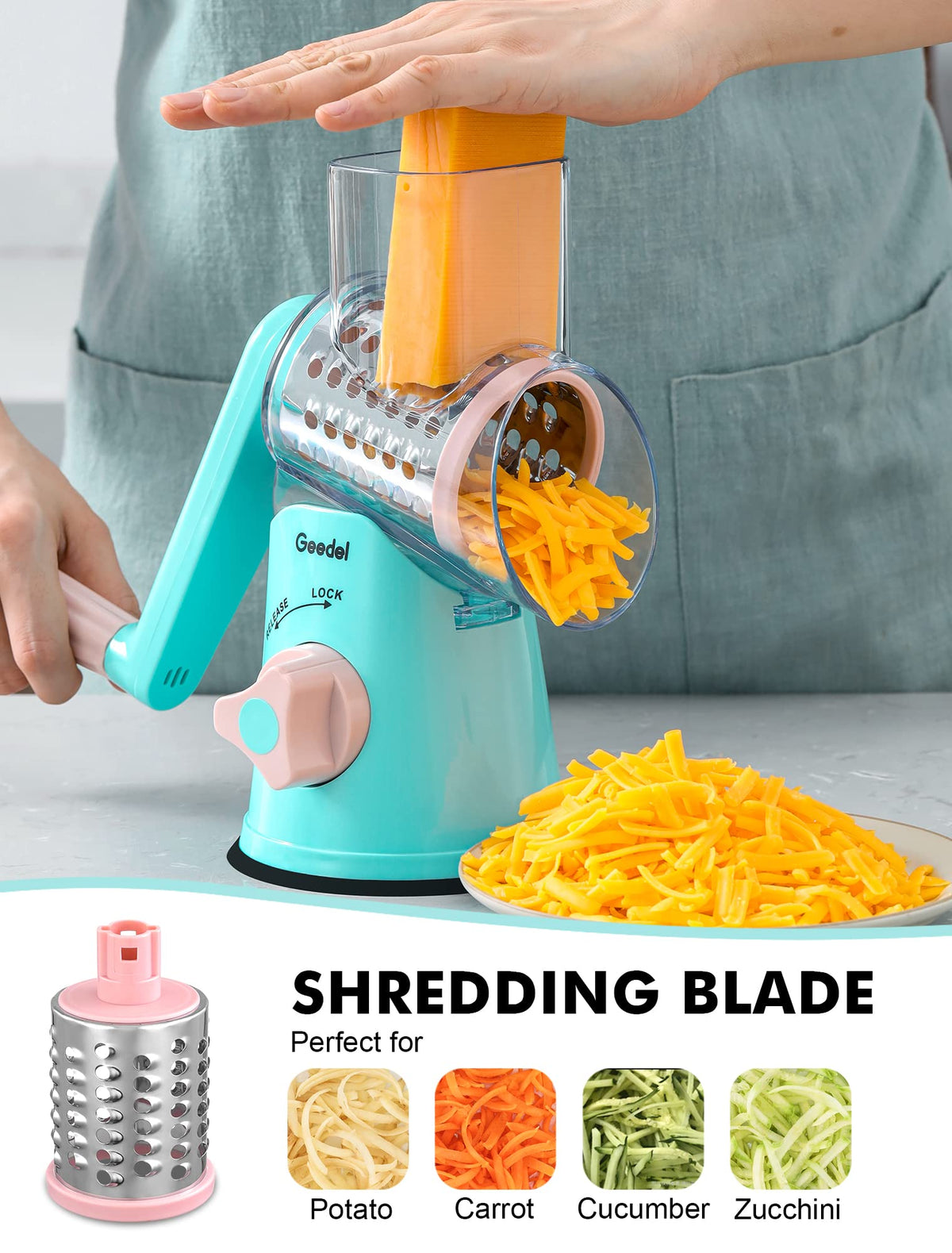 Geedel suction base keeps the unit steady on counters during use.