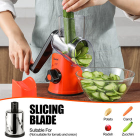 Geedel three blade head for shredding, slicing and grinding with ease.