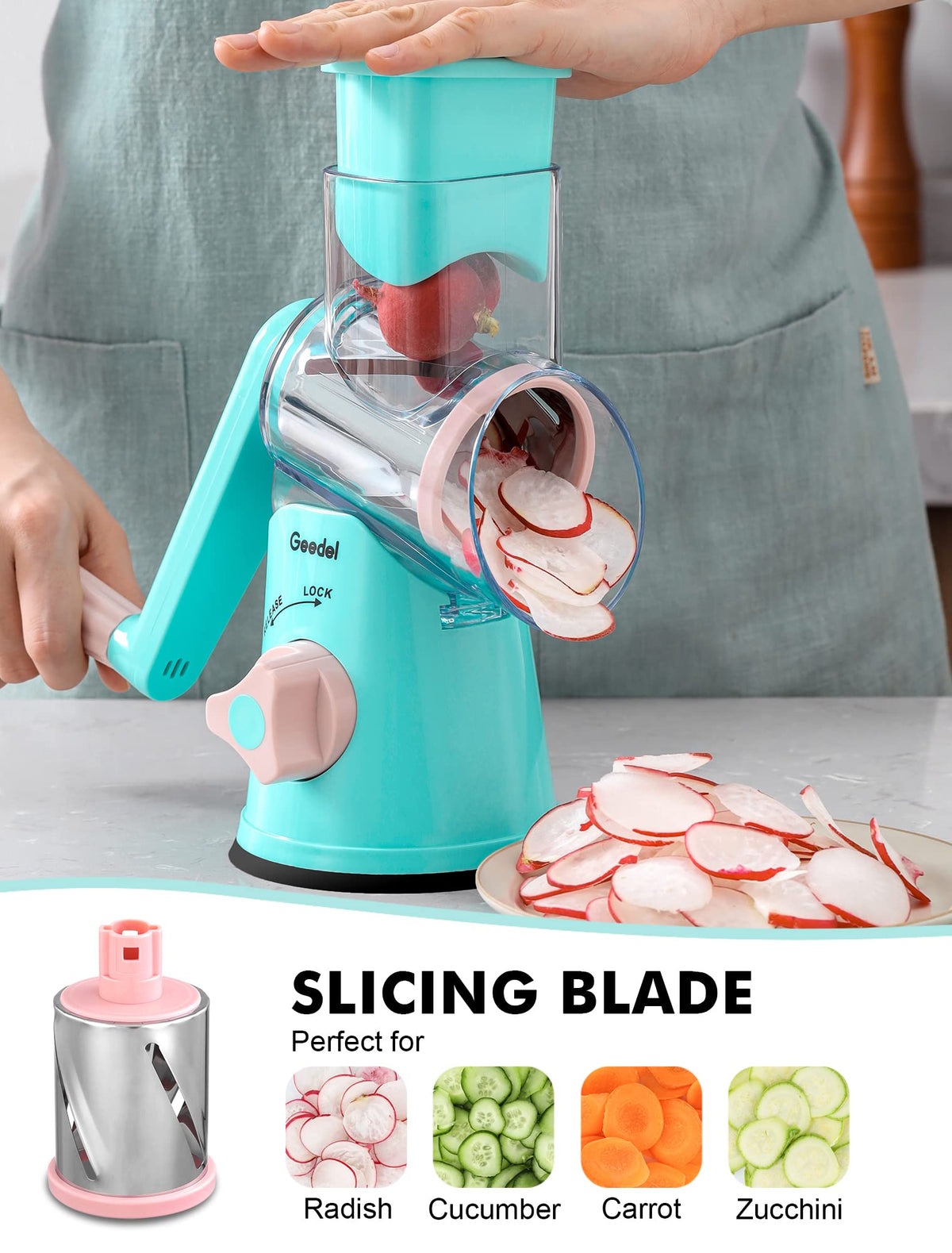 Geedel three-blade system handles cheese, nuts, and cookies for versatile prep.
