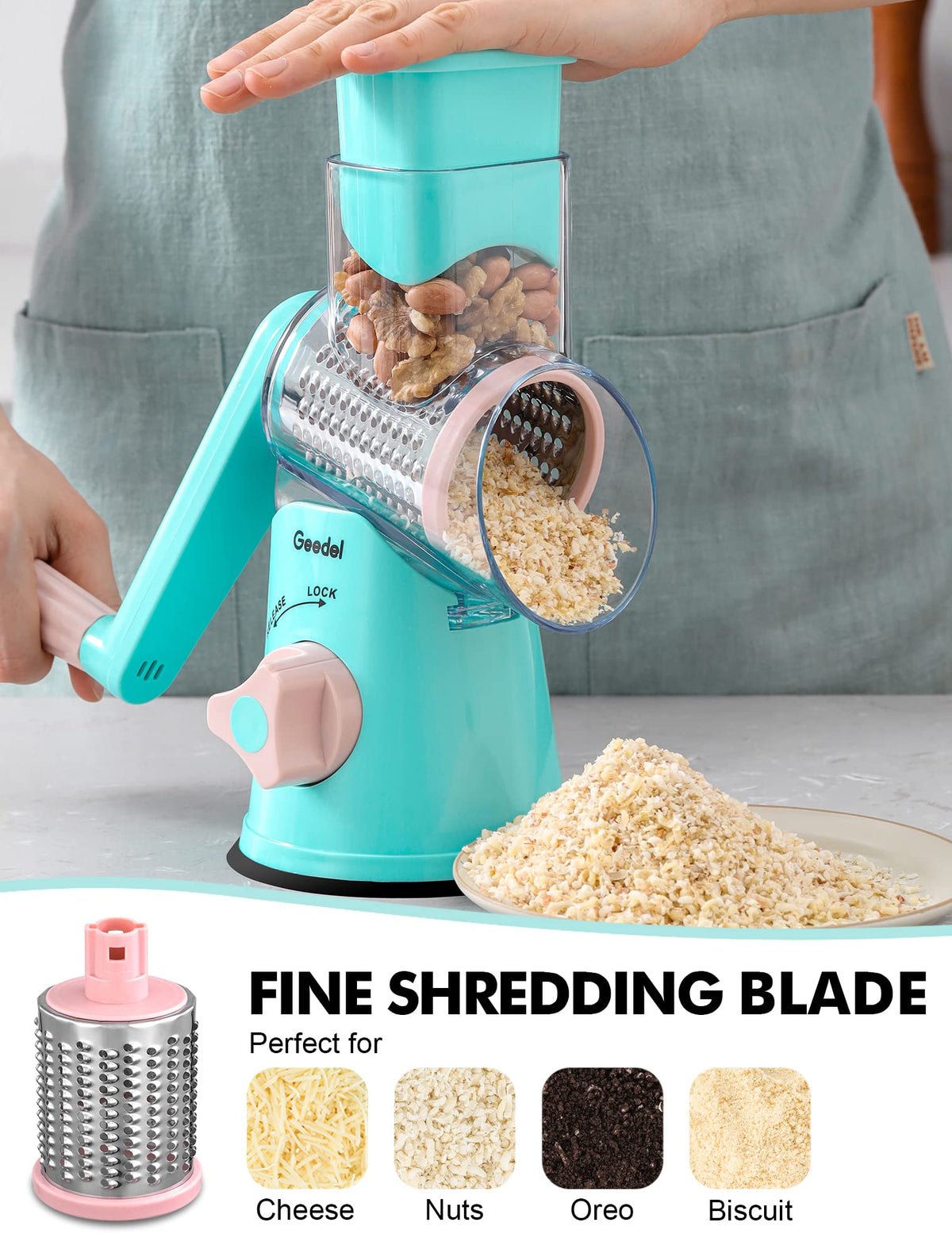 Geedel transparent barrel and inclined design reduce jams for smoother grating.