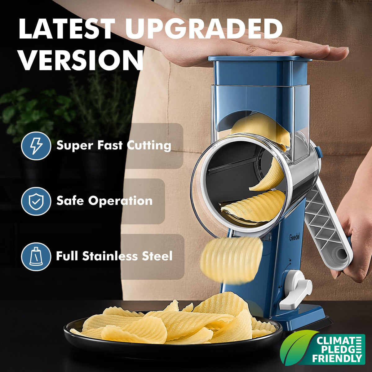 Geedel 430 stainless steel blades deliver precise, fluffy shreds quickly.