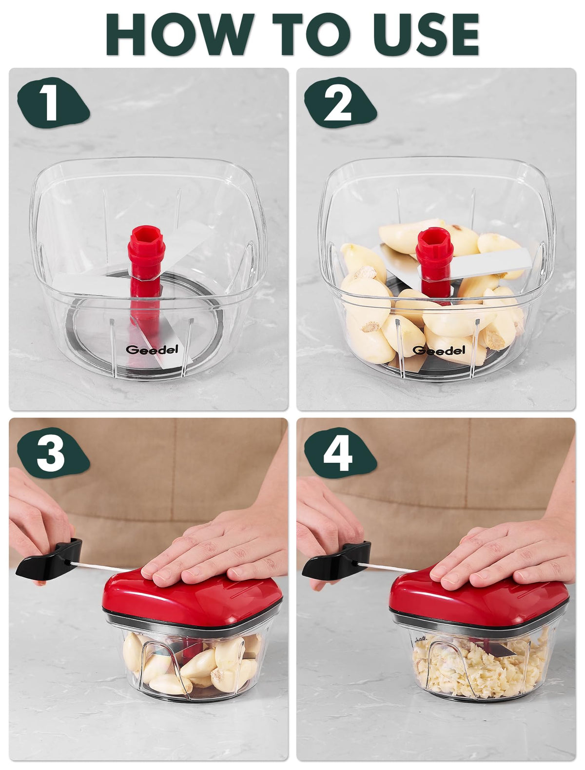 Geedel prepares salads, salsas, and baby foods with ease
