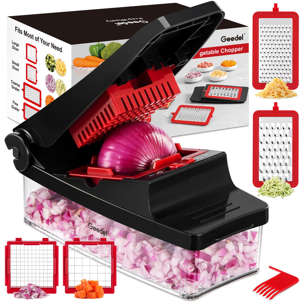 Geedel vegetable chopper with four blades for fast, even chopping.