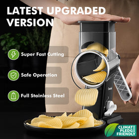 Geedel wavy slicing blade included for decorative, even veggie slices.
