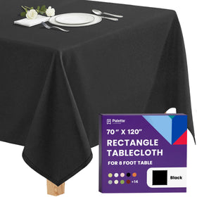 Gee Di Moda rectangle tablecloth 70x120 black on table, wrinkle-resistant fabric for easy care use.