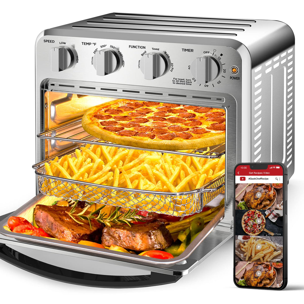 Geek Chef 16QT oven front view shows large capacity for family meals.