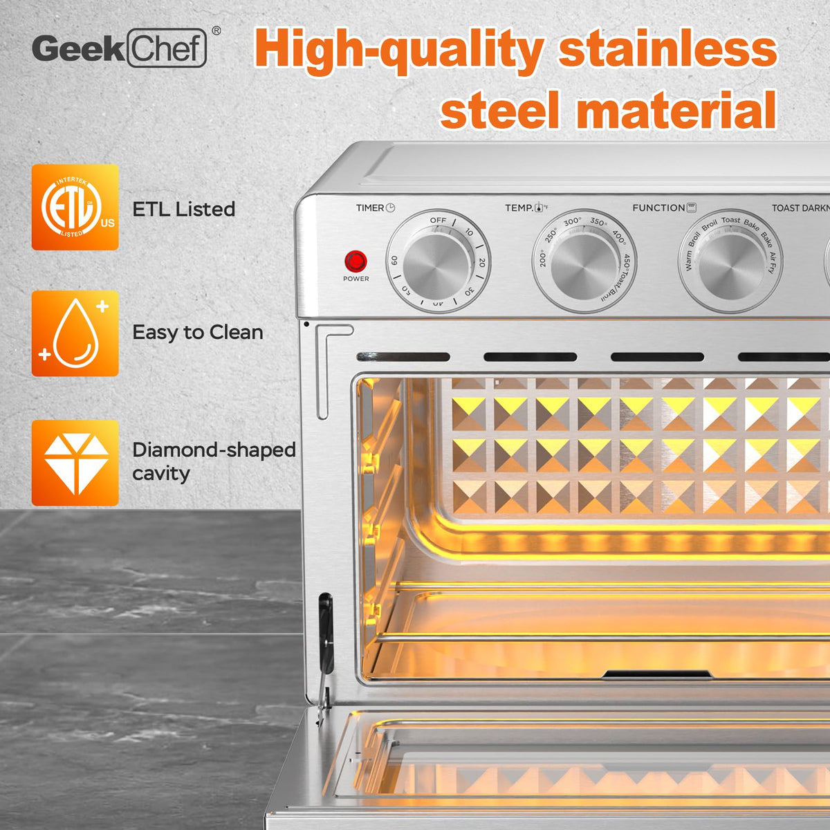 Geek Chef 26QT baking pan, air fryer basket, rack, and drip tray included.