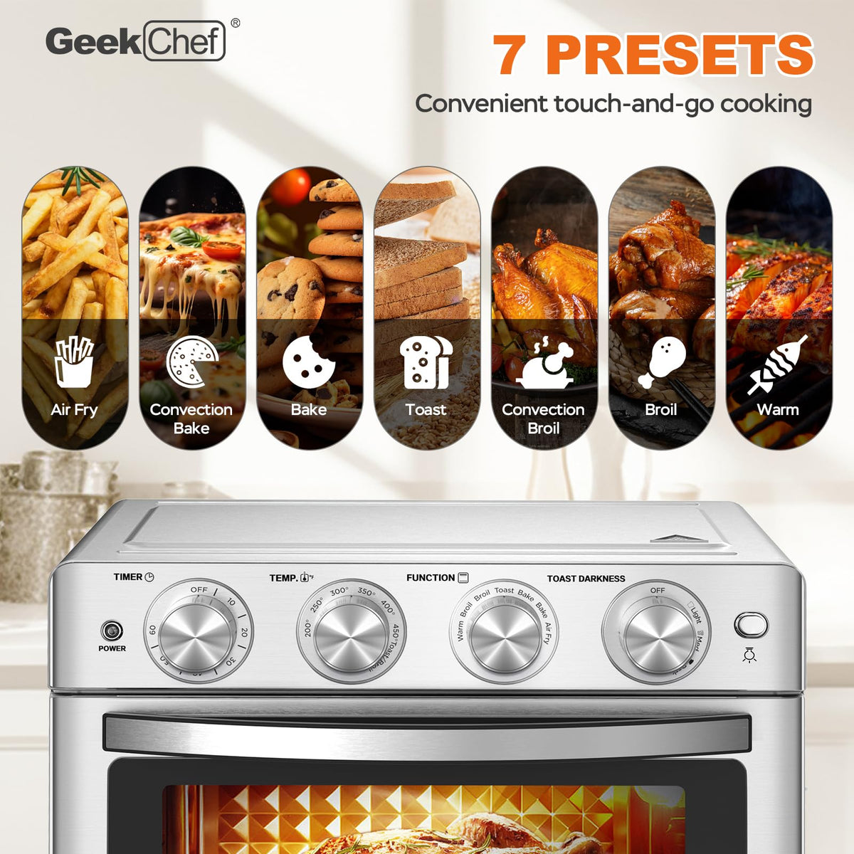 Geek Chef 26QT five presets for versatile cooking options.