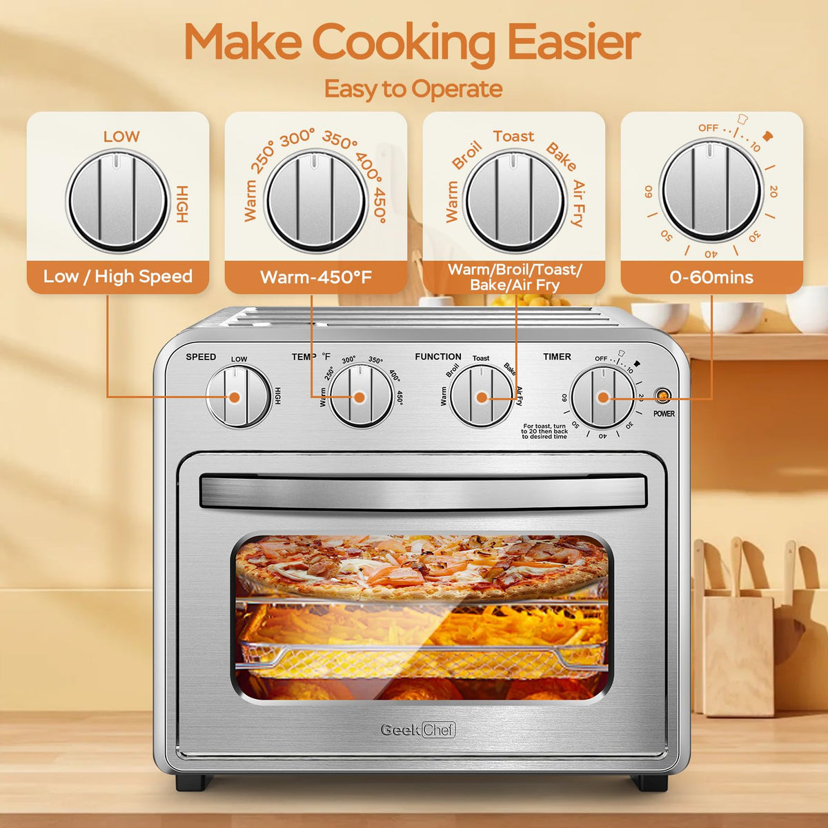 Geek Chef oven control knobs illustrate simple four-knob operation.
