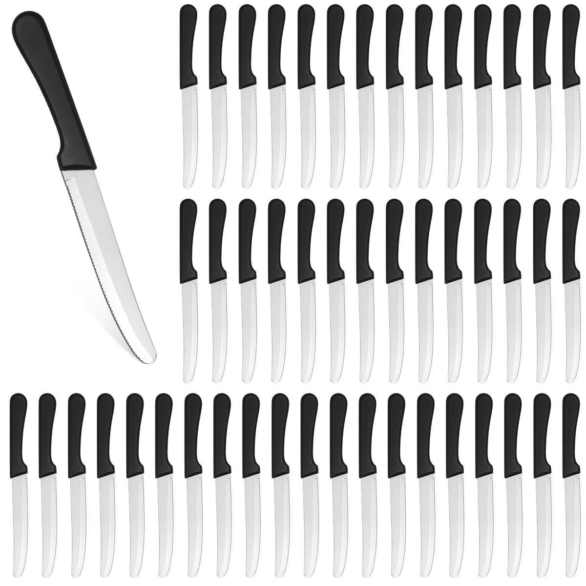 Geelin 50-piece steak knife set with round tip blades for safe, versatile kitchen use