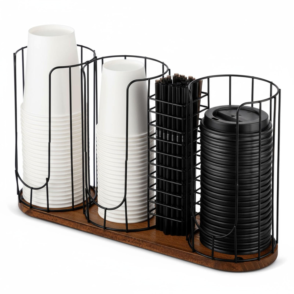 Geelin cup dispenser with four compartments for cups, lids, and straws on a countertop