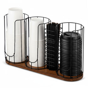 Geelin cup dispenser with four compartments for cups, lids, and straws on a countertop