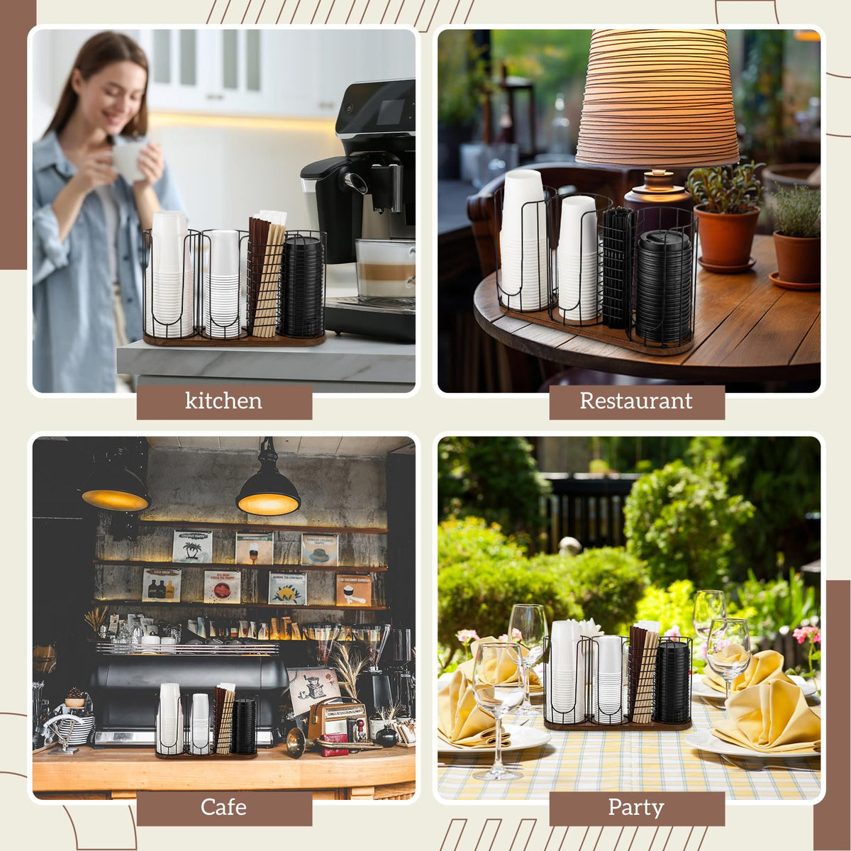 Geelin four-compartment storage for cups, lids, straws and tableware in use