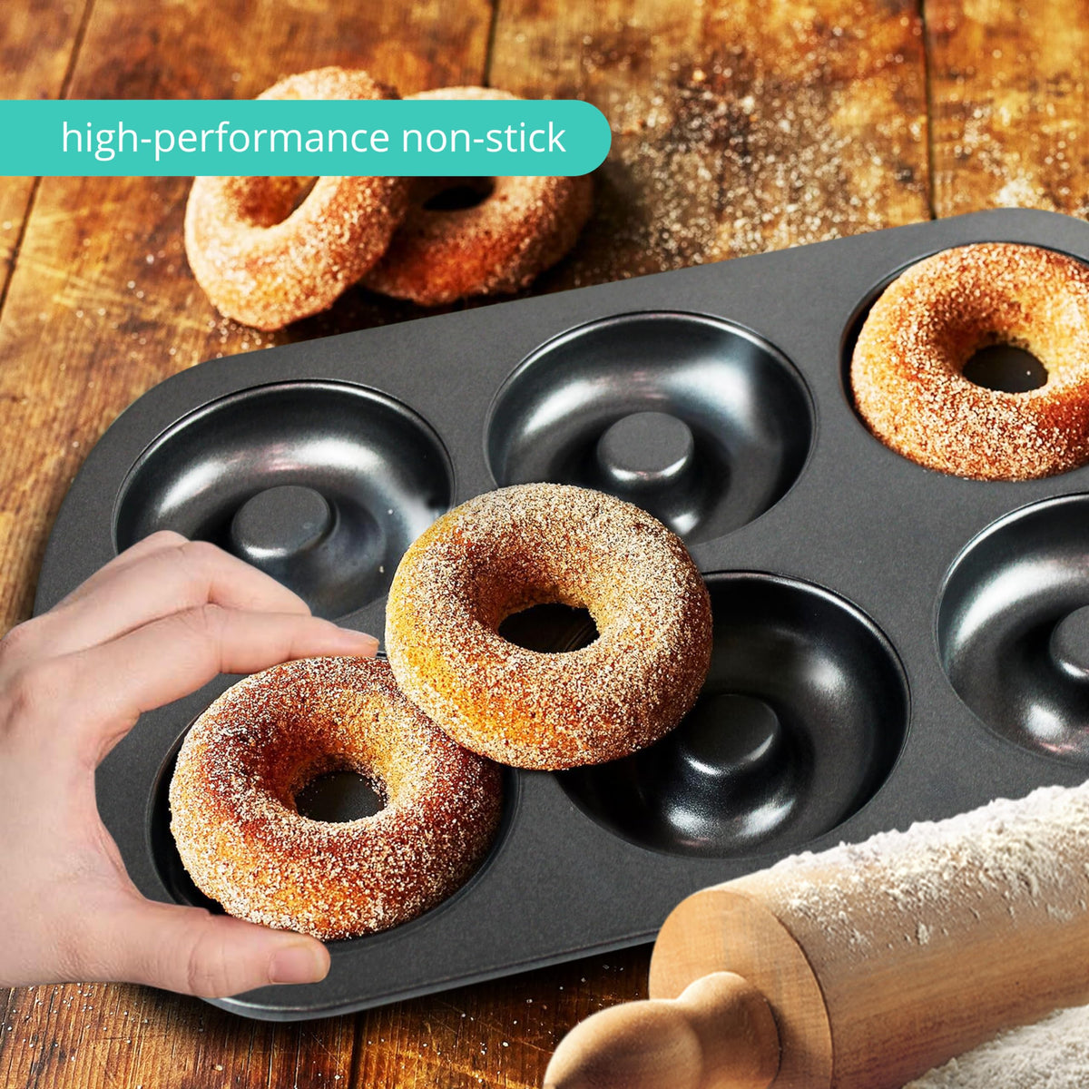 GEEOOLLAH pans provide consistent browning for cake donuts and bagel-shaped treats.