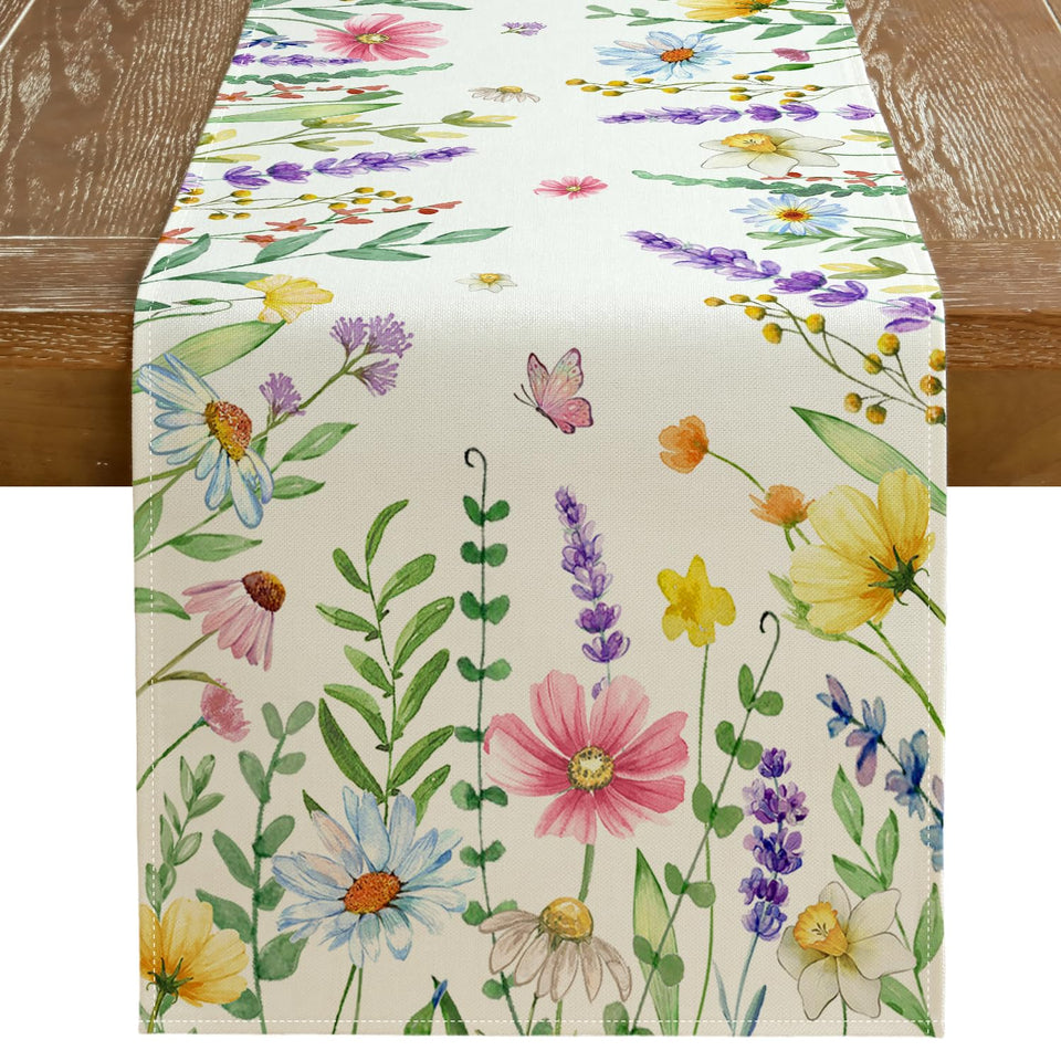 Geeory spring table runner with watercolor florals for elegant spring dining