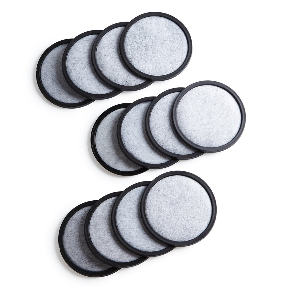Geesta 12-pack charcoal filter disks; front view for replacement readiness and fresher coffee potential.