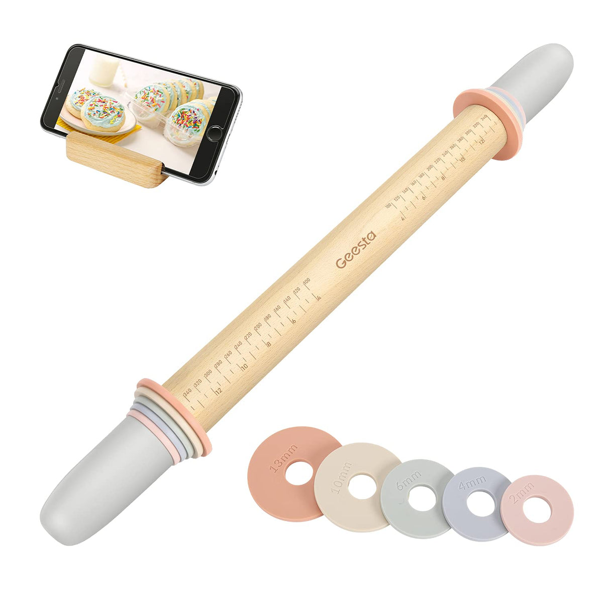 Geesta adjustable rolling pin with five rings for precise dough thickness