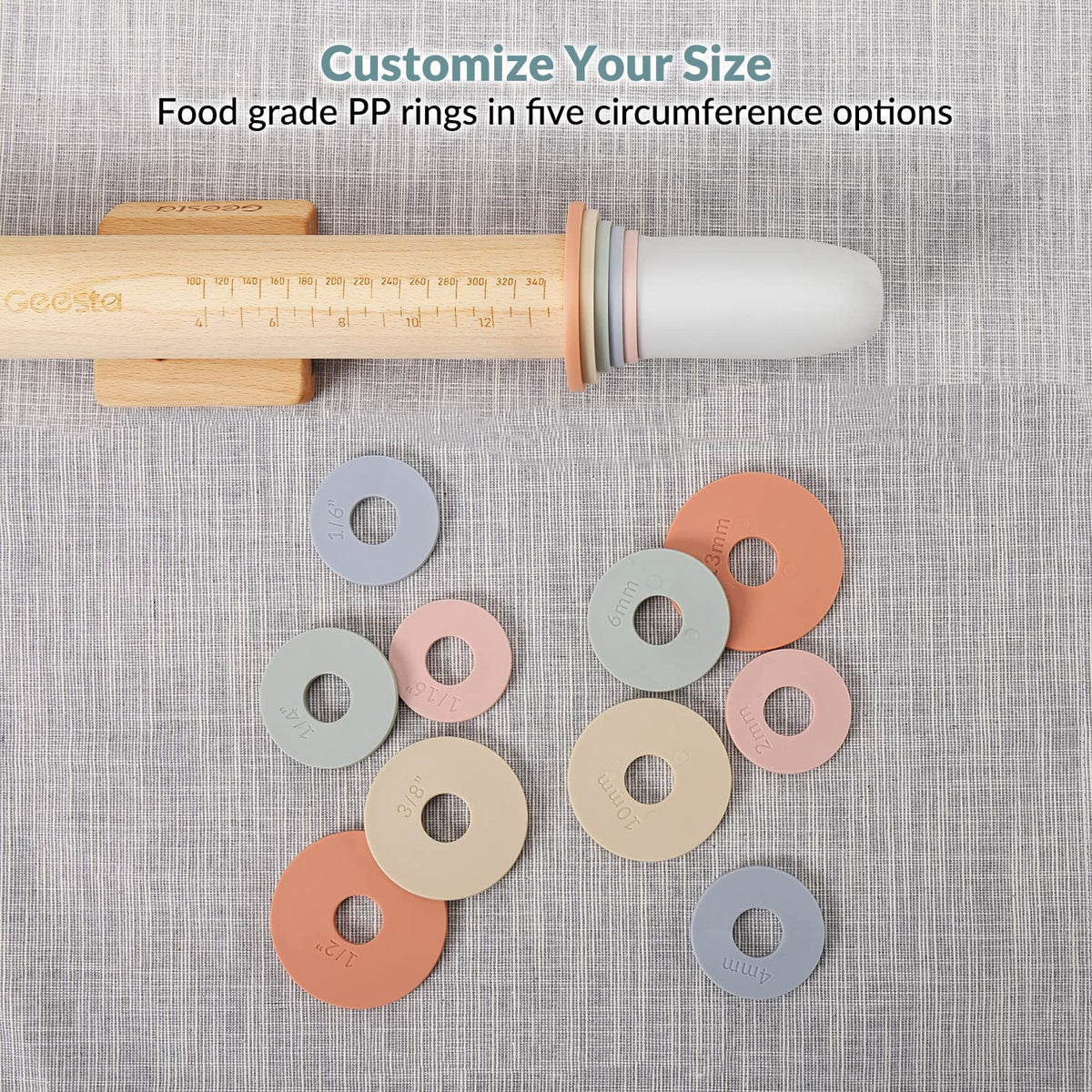Geesta rolling pin shows built-in measurement markers in cm and inches