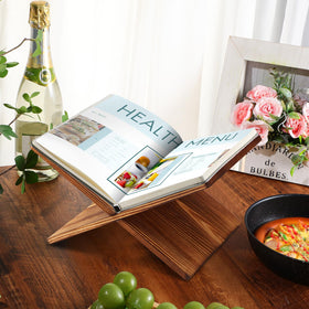 Geetery bamboo book stand in kitchen with cookbook for hands-free cooking