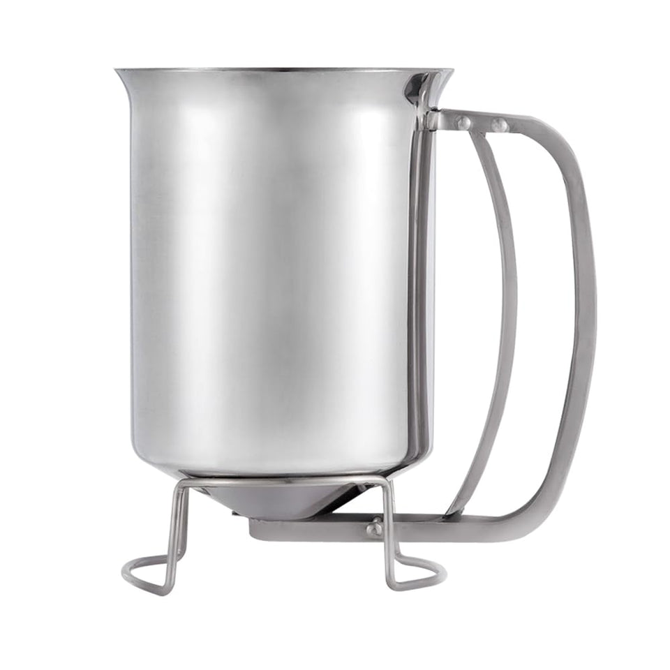 Geetest pancake batter dispenser with wide mouth for quick, mess-free pouring and consistent portions.