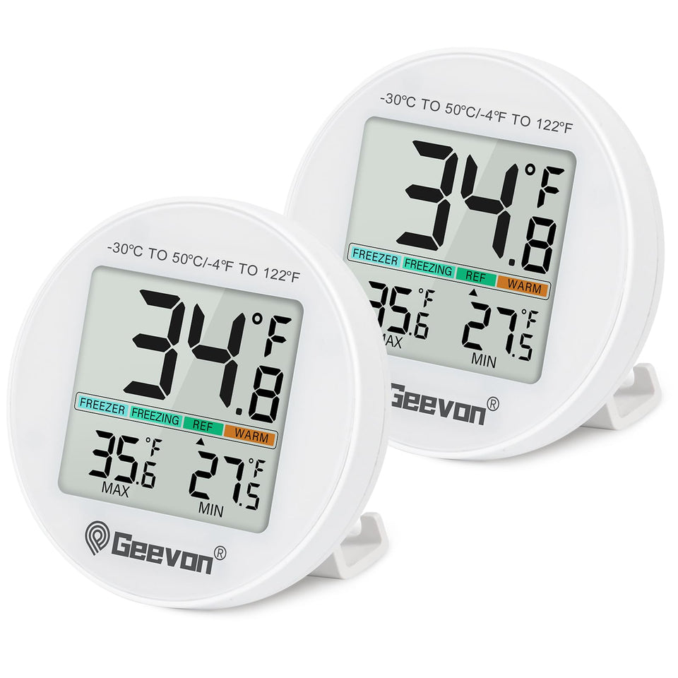 Geevon small digital refrigerator thermometer front view with clear temp readings for home use