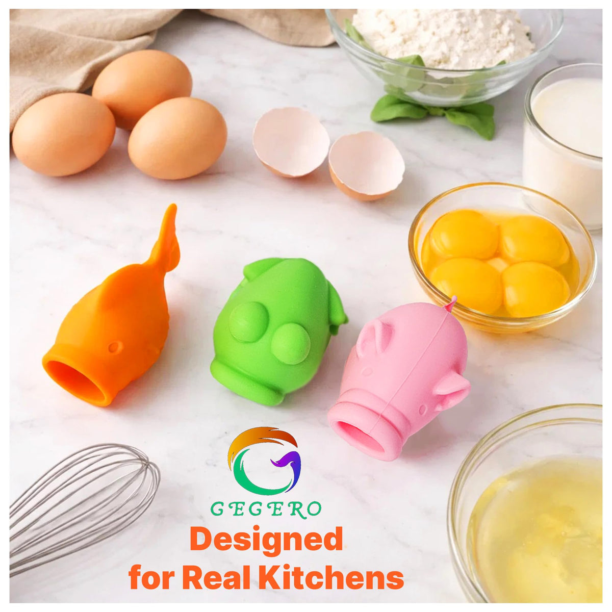 Gegero pack of three design yolk separators for fun, effortless yolk separation.