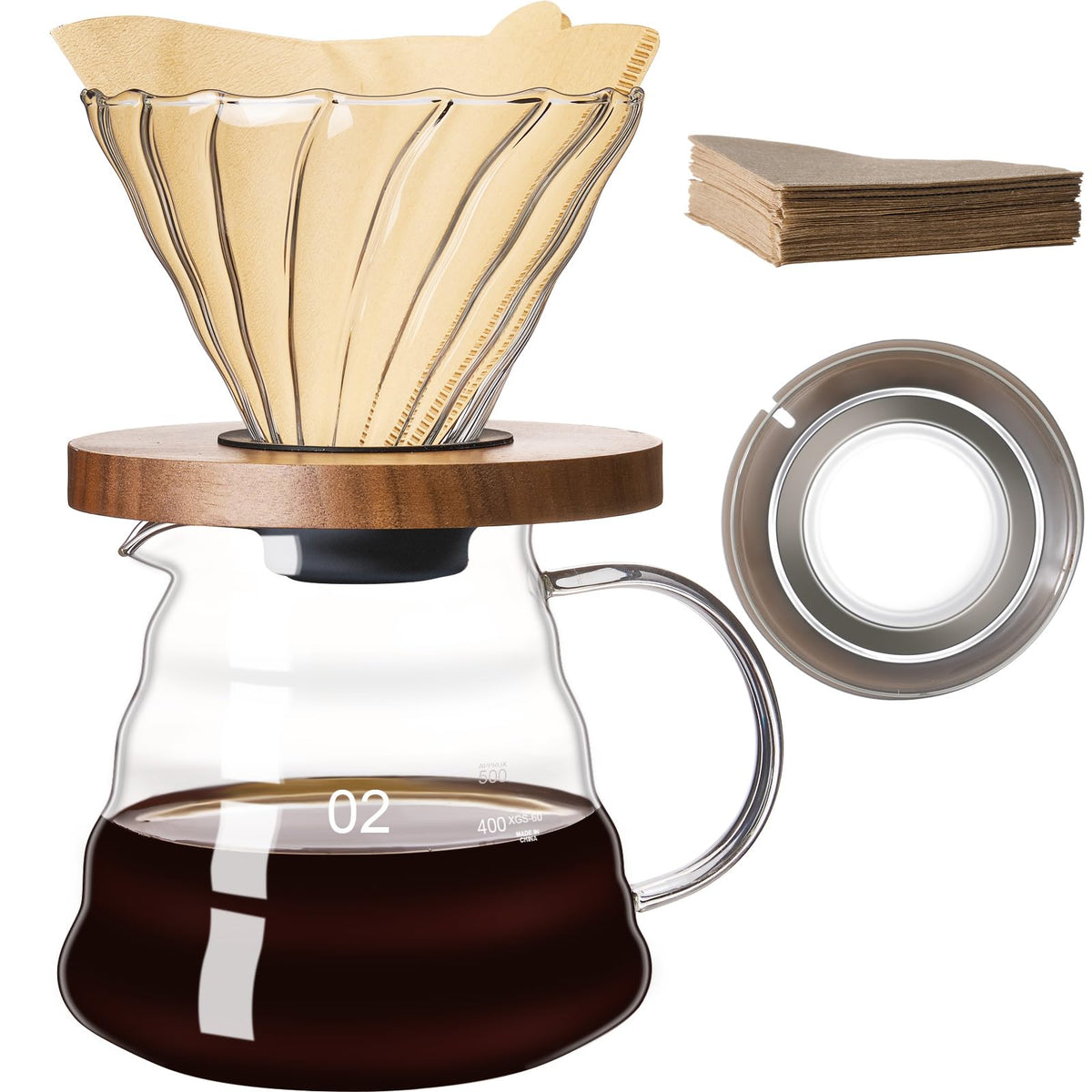 Gegewawa pour-over dripper with clear glass for balanced extraction.