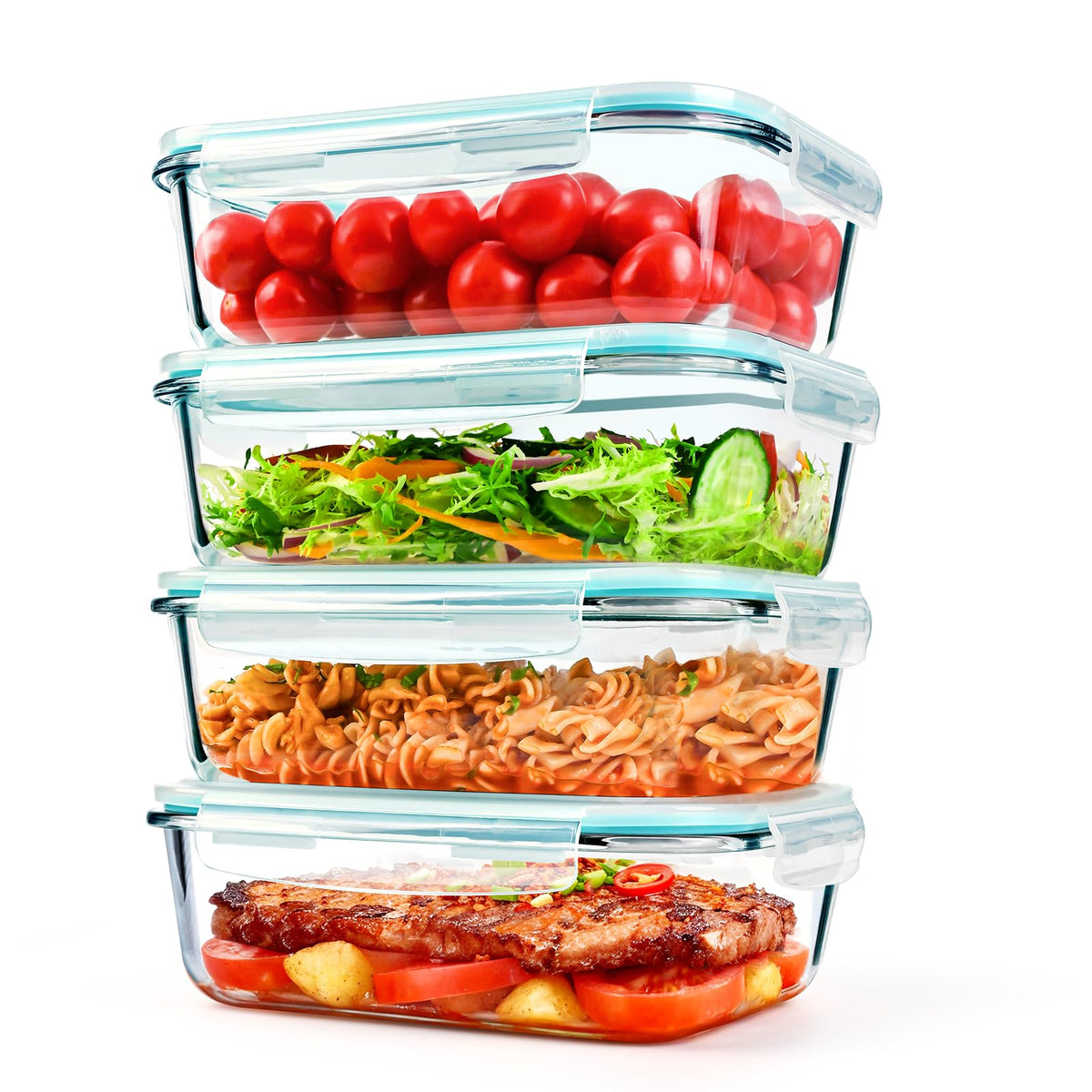 GEHE 4-pack 52oz glass containers with lids for meal prep and portion control