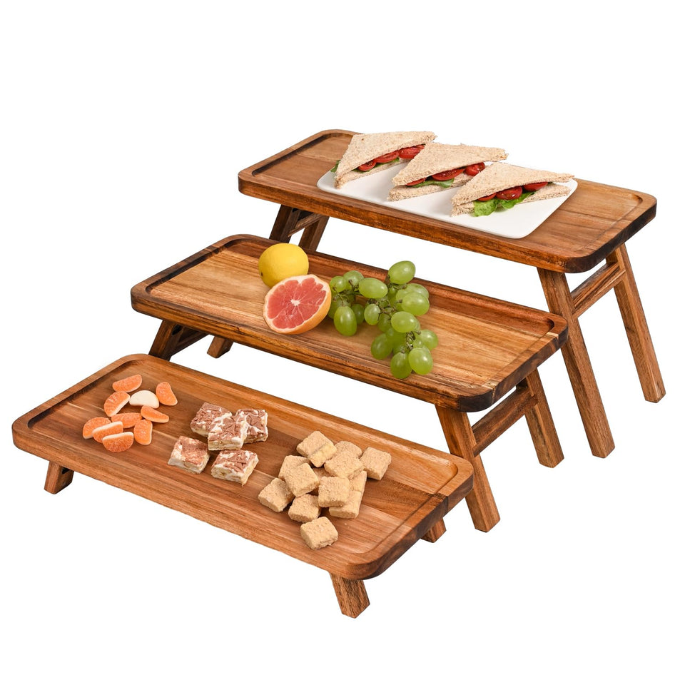 GEHE acacia wood 3-tier stand displaying cupcakes with natural grain.
