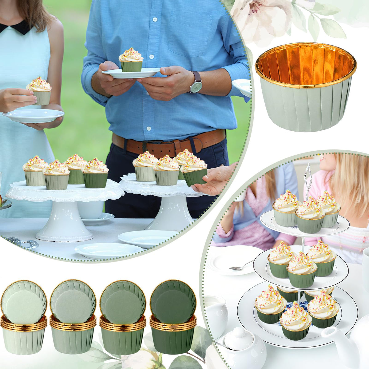 Geiserailie elegant dessert display with sage-green foil wrappers.