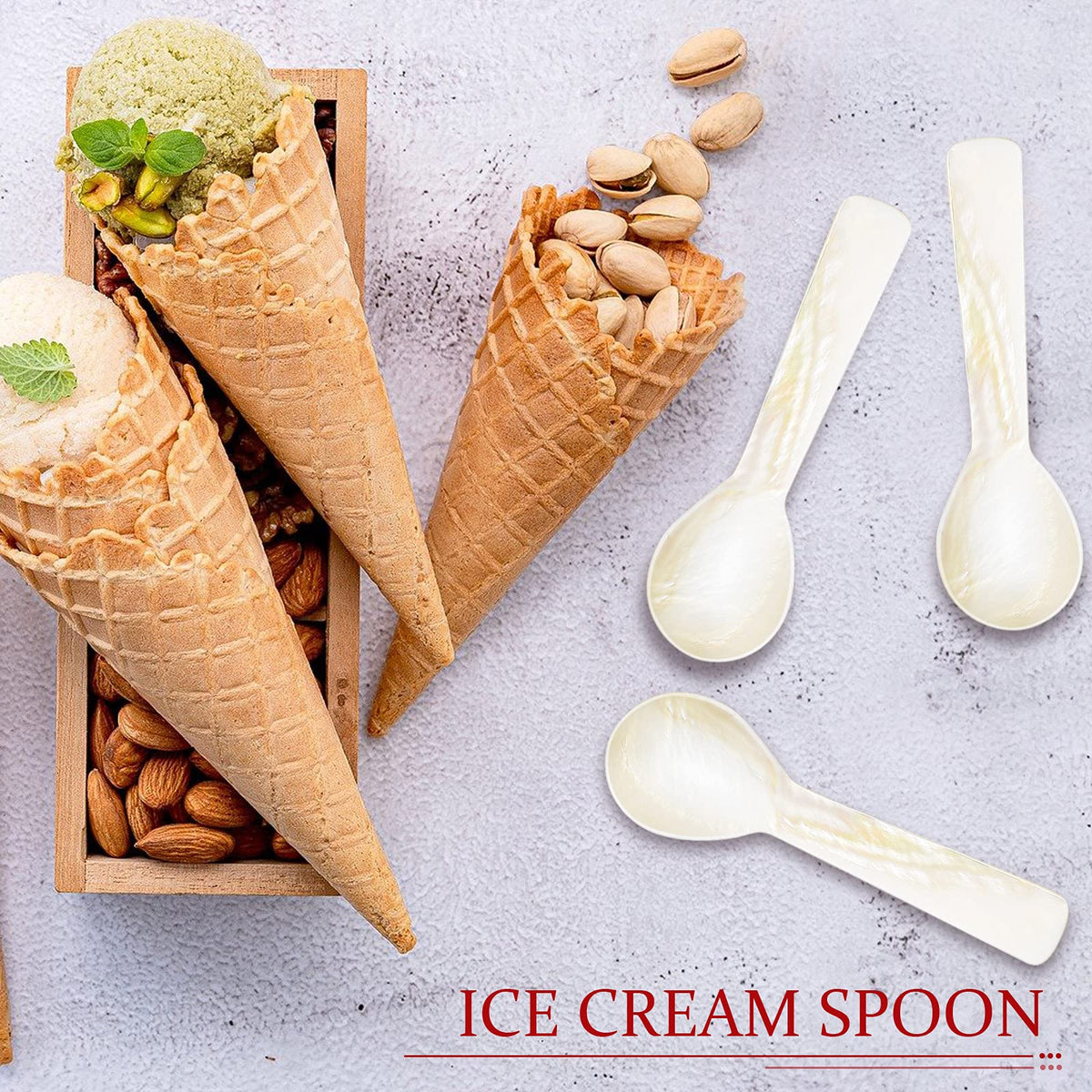 Geiserailie spoons arranged for buffet and dessert presentation on a table.