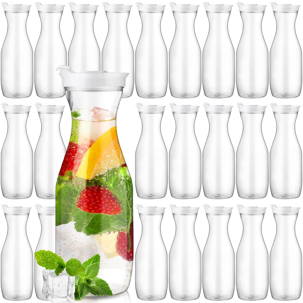 Gejoy 32oz clear plastic water carafe with lid, ideal for serving beverages at home.