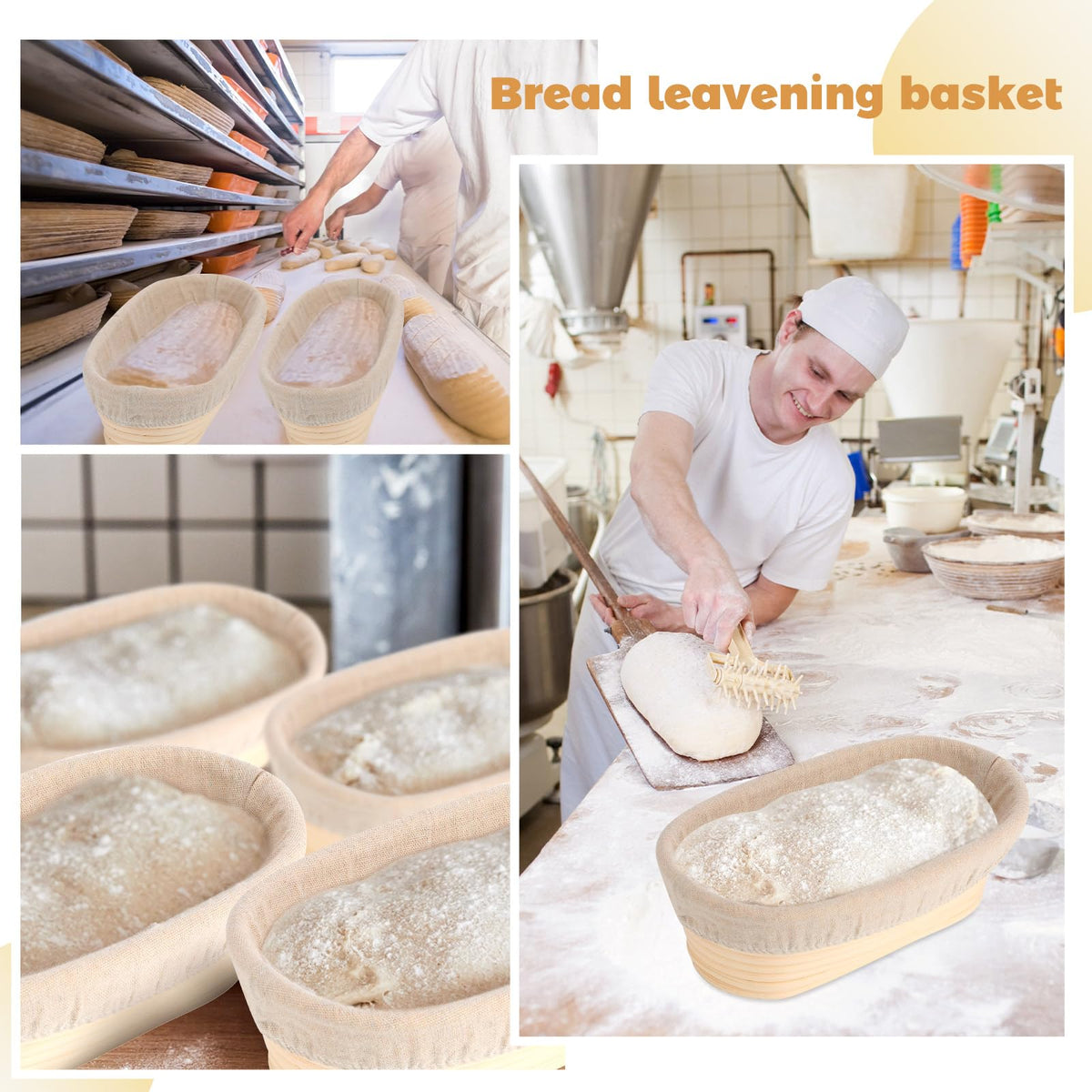 Gejoy banneton in-use image highlights easy dough transfer to baking surface.