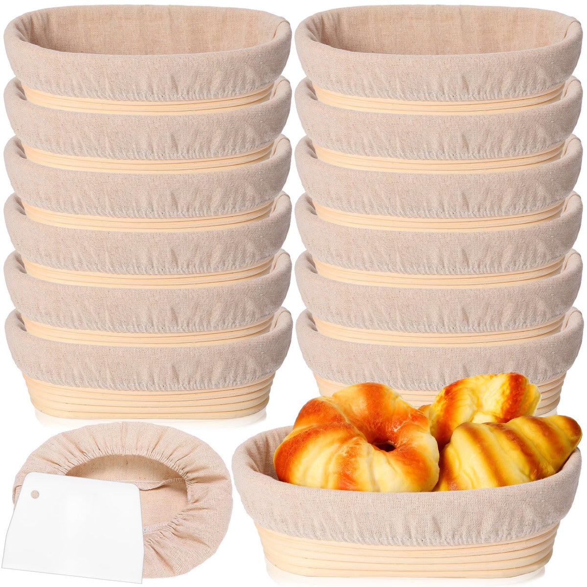 Gejoy oval bread proofing basket with liner and scraper for shaping sourdough.