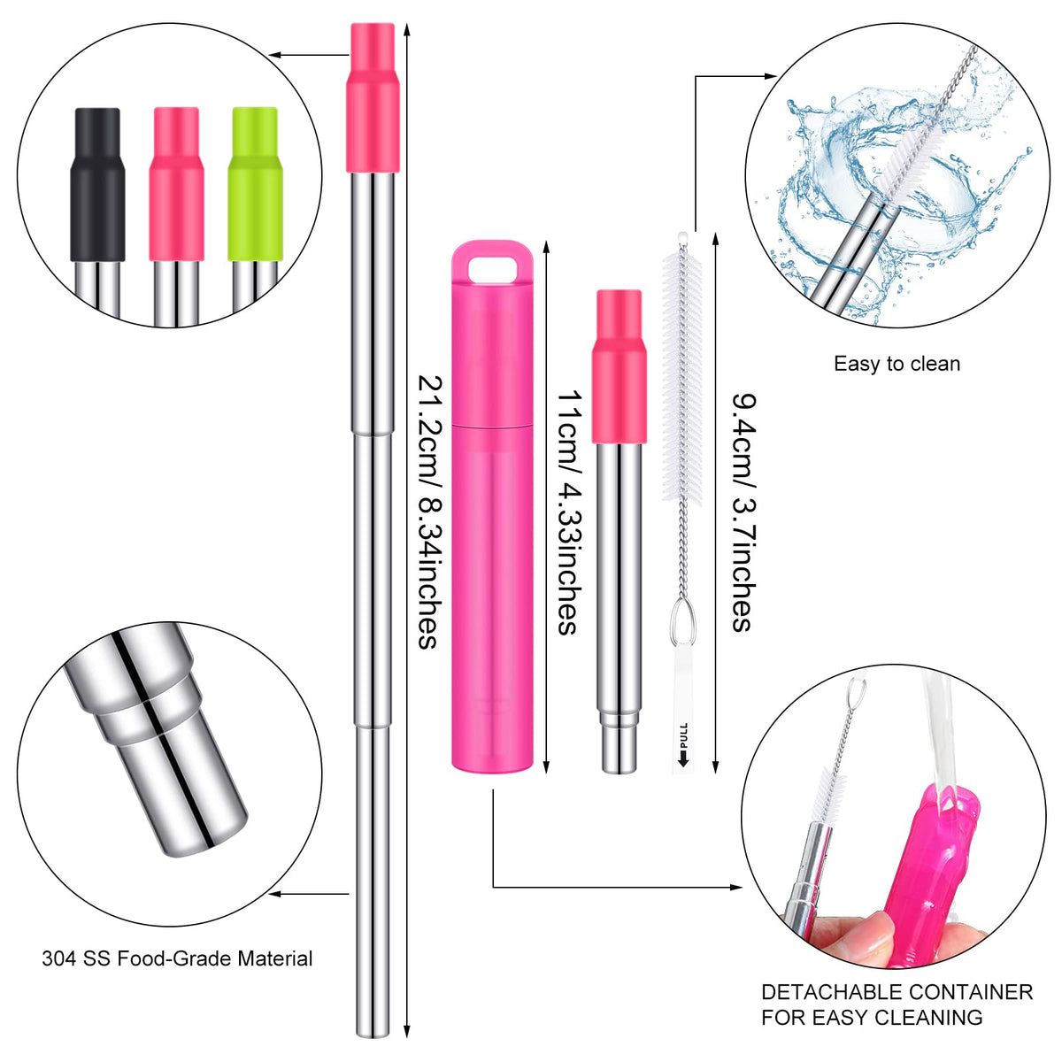 Gejoy retractable stainless steel straw extended for 10-30 oz cups
