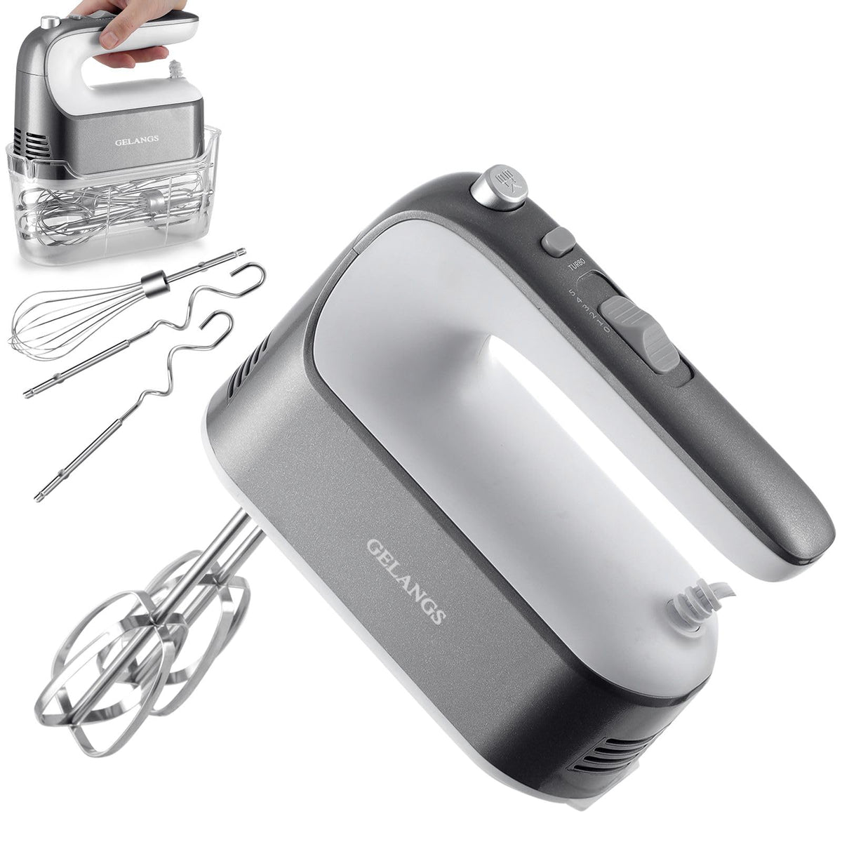 GELANGS 400W hand mixer with copper motor delivering strong mixing power for batter and dough.