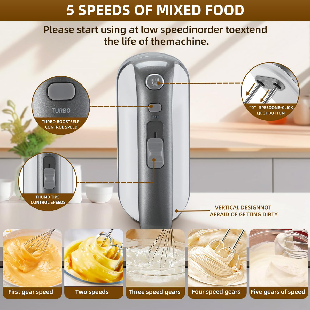 GELANGS 5-speed dial allows precise control from gentle to aggressive mixing.