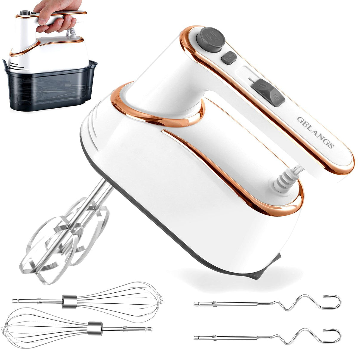GELANGS hand mixer with dial speed control for precise blending of batters.