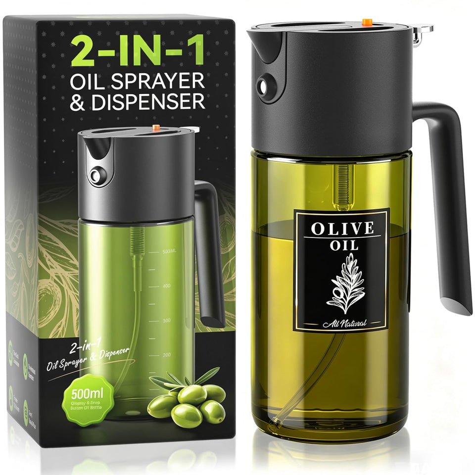 Gelibo 2-in-1 oil sprayer showing 500ml capacity for precise coating