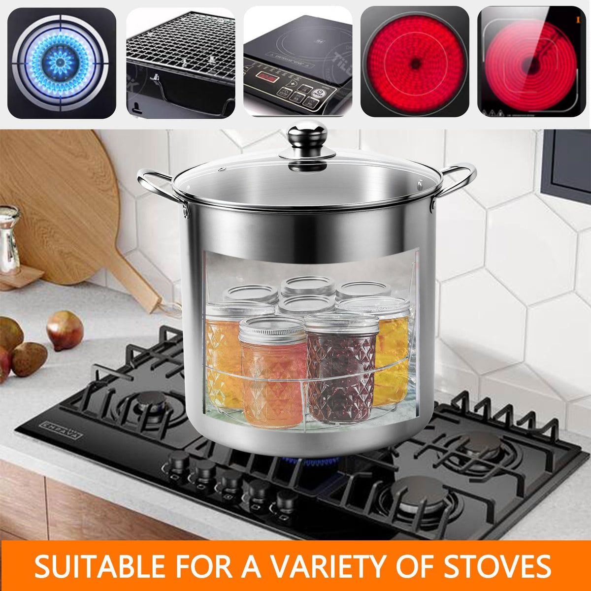 Geliwosy canning rack and tongs ensure safe jar handling.