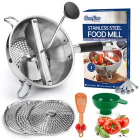 Gemfino orange stainless steel food mill with durable design for sauces and purées.