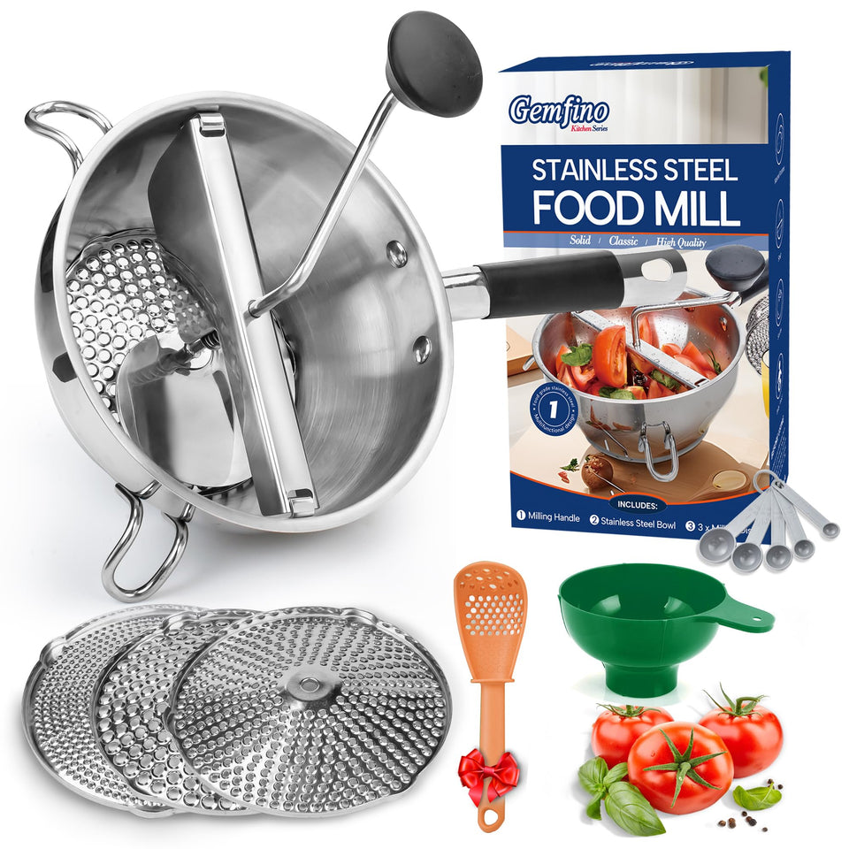 Gemfino orange stainless steel food mill with durable design for sauces and purées.
