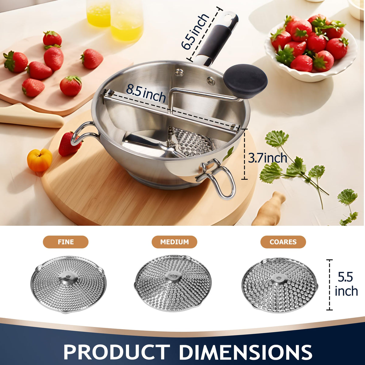 Gemfino orange stainless steel food mill with ergonomic silicone handle for comfort.