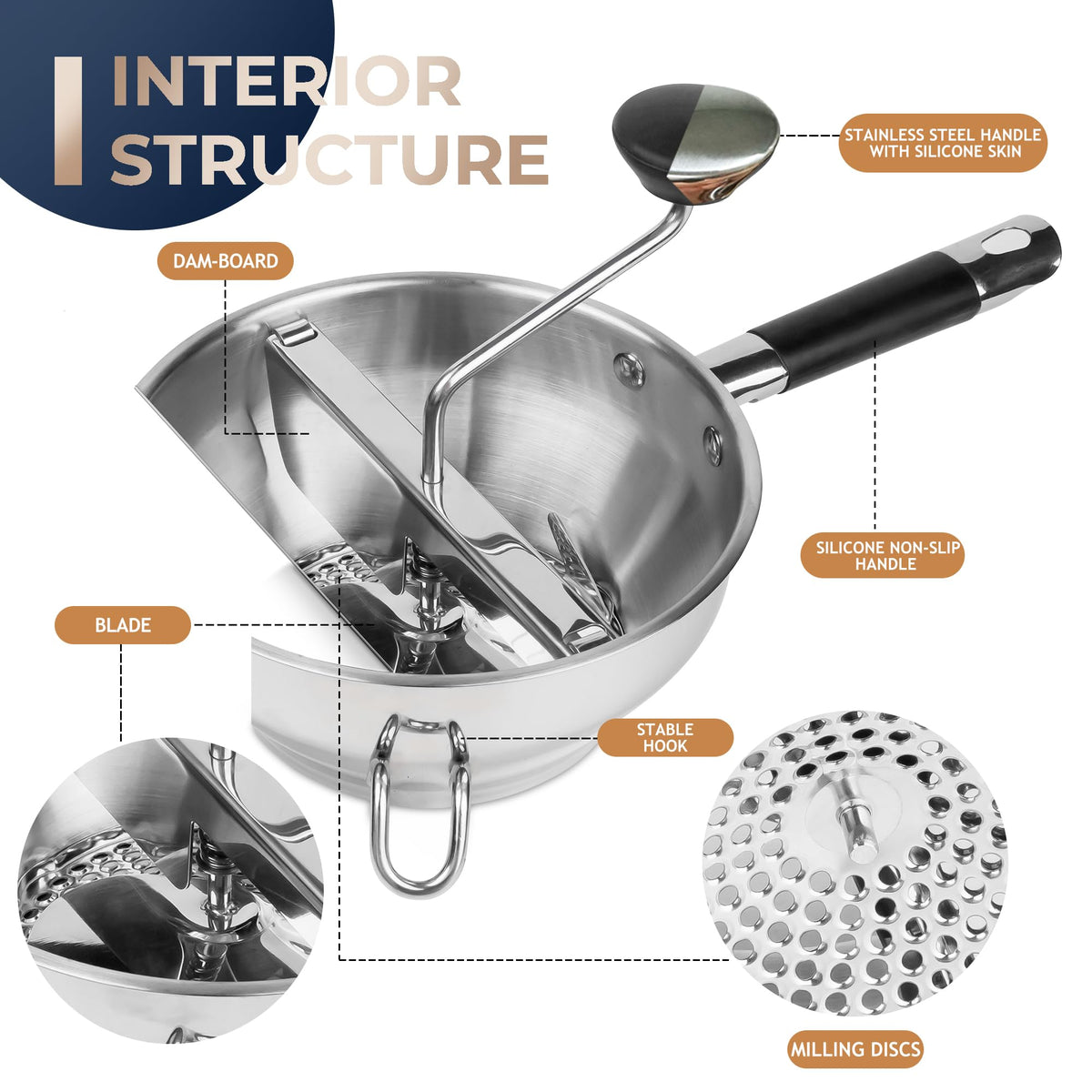 Gemfino orange stainless steel food mill three-disc set for versatile textures.