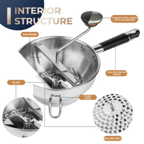 Gemfino orange stainless steel food mill three-disc set for versatile textures.