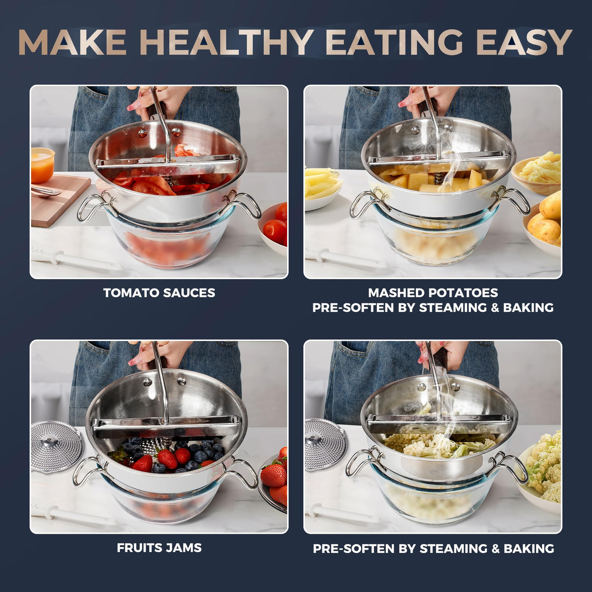 Gemfino orange stainless steel food mill with bowl setup for easy use.
